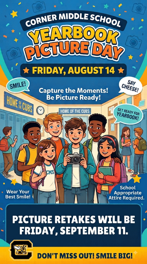 Friday, August 14, is yearbook picture day. Retakes will be Friday, September 11. Don't miss out! Smile big!