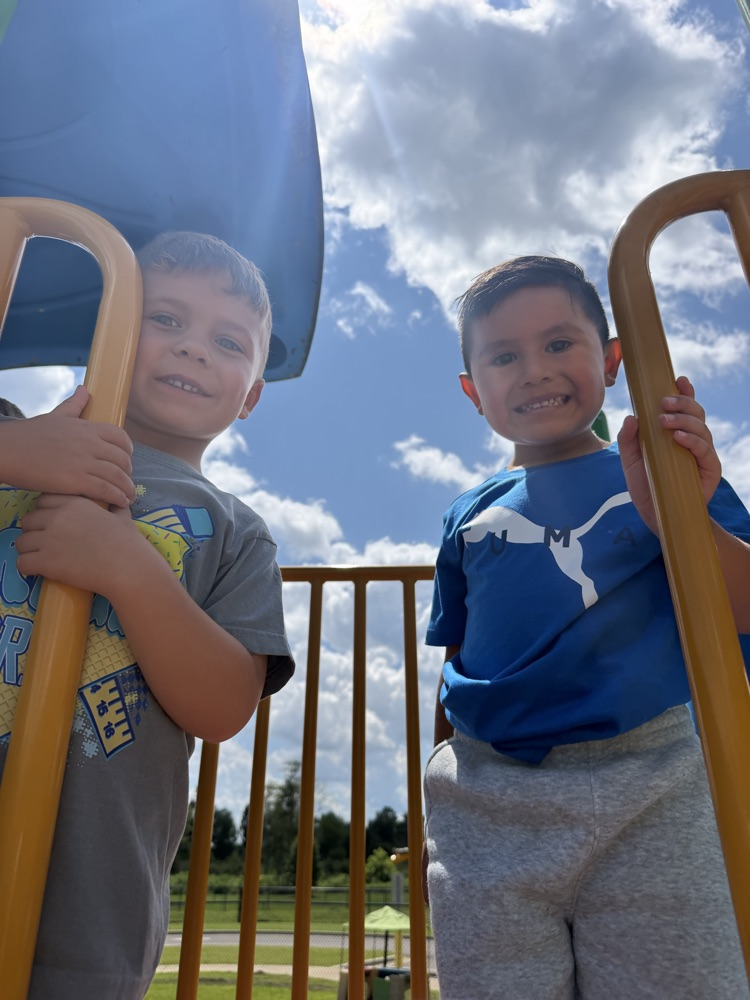 two boys looking down at the camera from the playground structure 