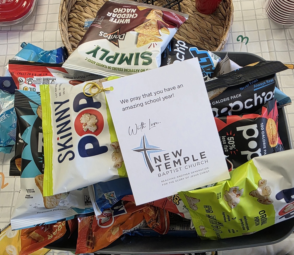 basket of snacks with a card from New Temple Baptist Church
