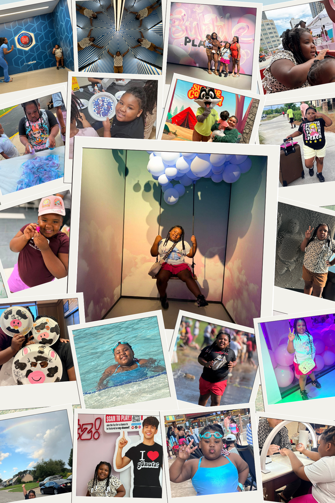A photo collage of a young girl having fun summer experiences.