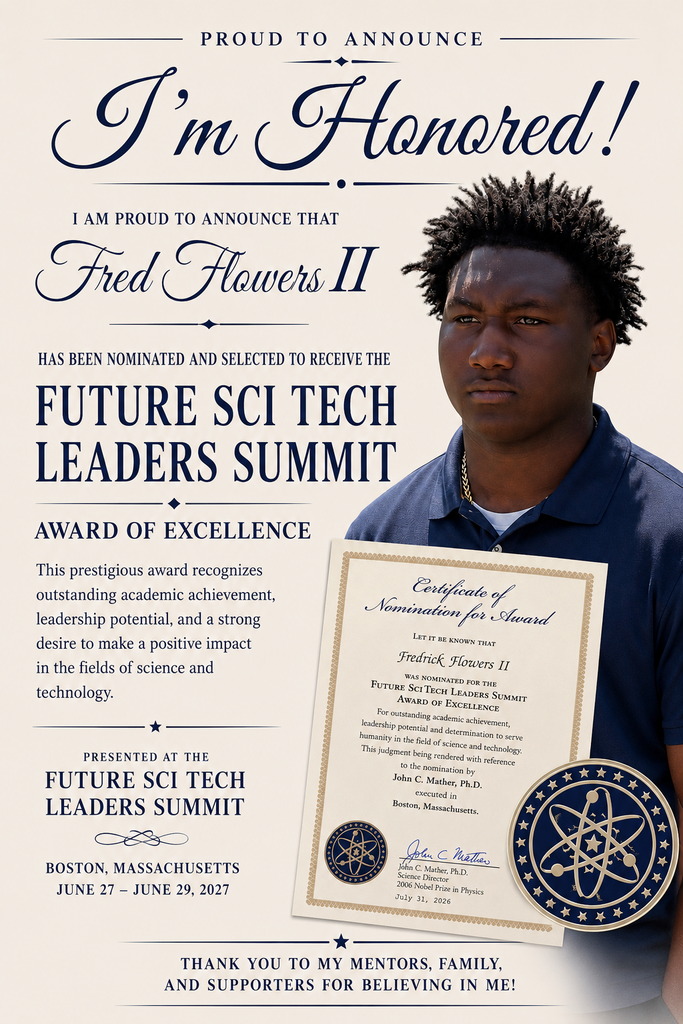 A graphic with a student's picture announces he's been nominated and selected to receive the Future Sci Tech Leaders Summit Award of Excellence.
