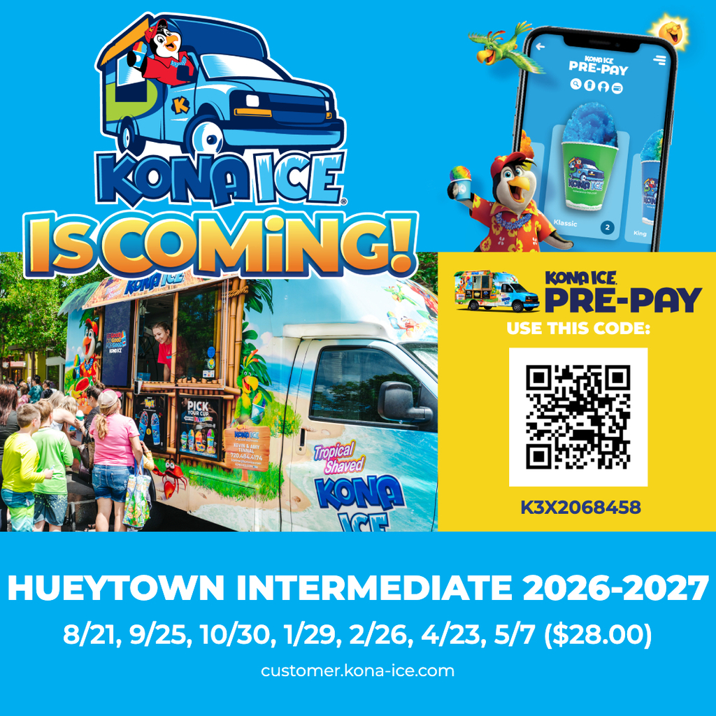 "Kona Ice is coming." Flyer dates listed at the bottom. 8/21, 9/25, 10/30, 1/29, 2/26, 4/23, 5/7. Prepay amount is $28