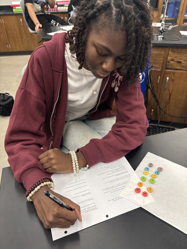 A student sitting in a stool at the lab science table completing a set of questions.