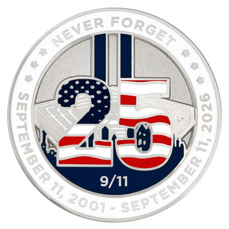 Commemorative September 11 anniversary emblem in red, white, blue, and silver. The design features a large “25” with American flag elements, silhouettes representing the World Trade Center, Pentagon, and Flight 93, and the words “Never Forget,” “September 11, 2001 – September 11, 2026,” and “9/11.”