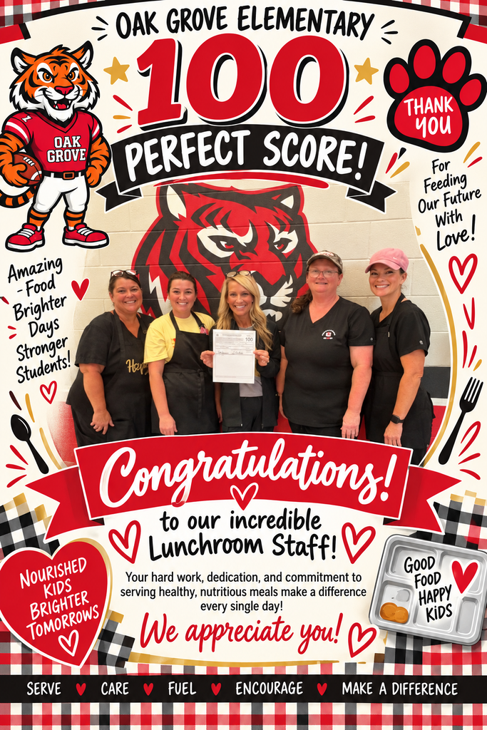 Picture of the lunchroom ladies standing in front of the painted tiger on wall.  Lots of information around the picture.