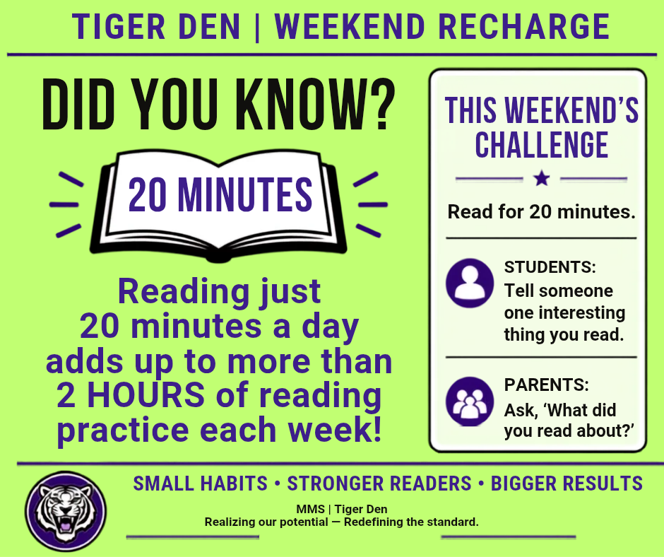 Did you know that 20 minutes of reading increases your academic skills. Recharge this weekend and Read for at least 20 minutes.