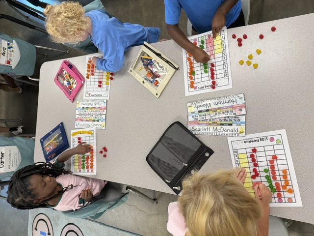 students at a table putting colored dot candy on a graph worksheet