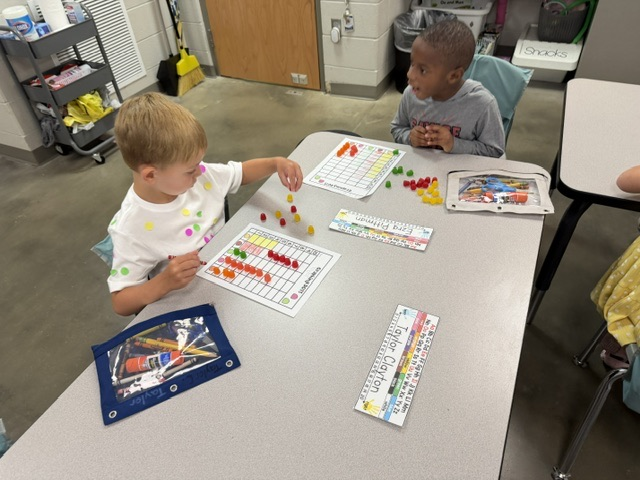 students at a table putting colored dot candy on a graph worksheet