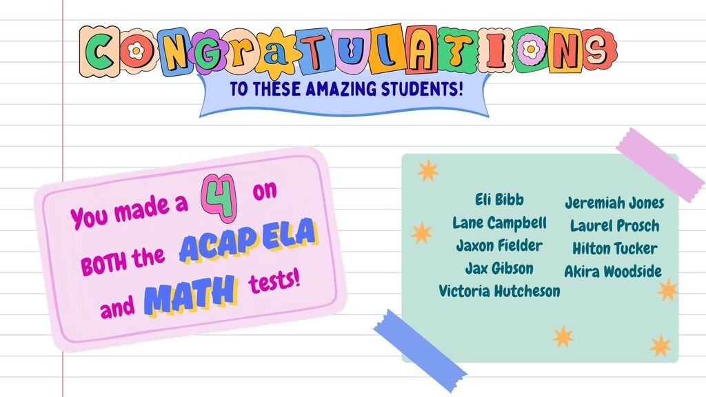Congratulations to these amazing students! You made a 4 on both the ACAP ELA and math tests! Eli Bibb Lane Campbell Jaxon Fielder Jax Gibson Victoria Hutcheson Jeremiah Jones Laurel Prosch Hilton Tucker Akira Woodside