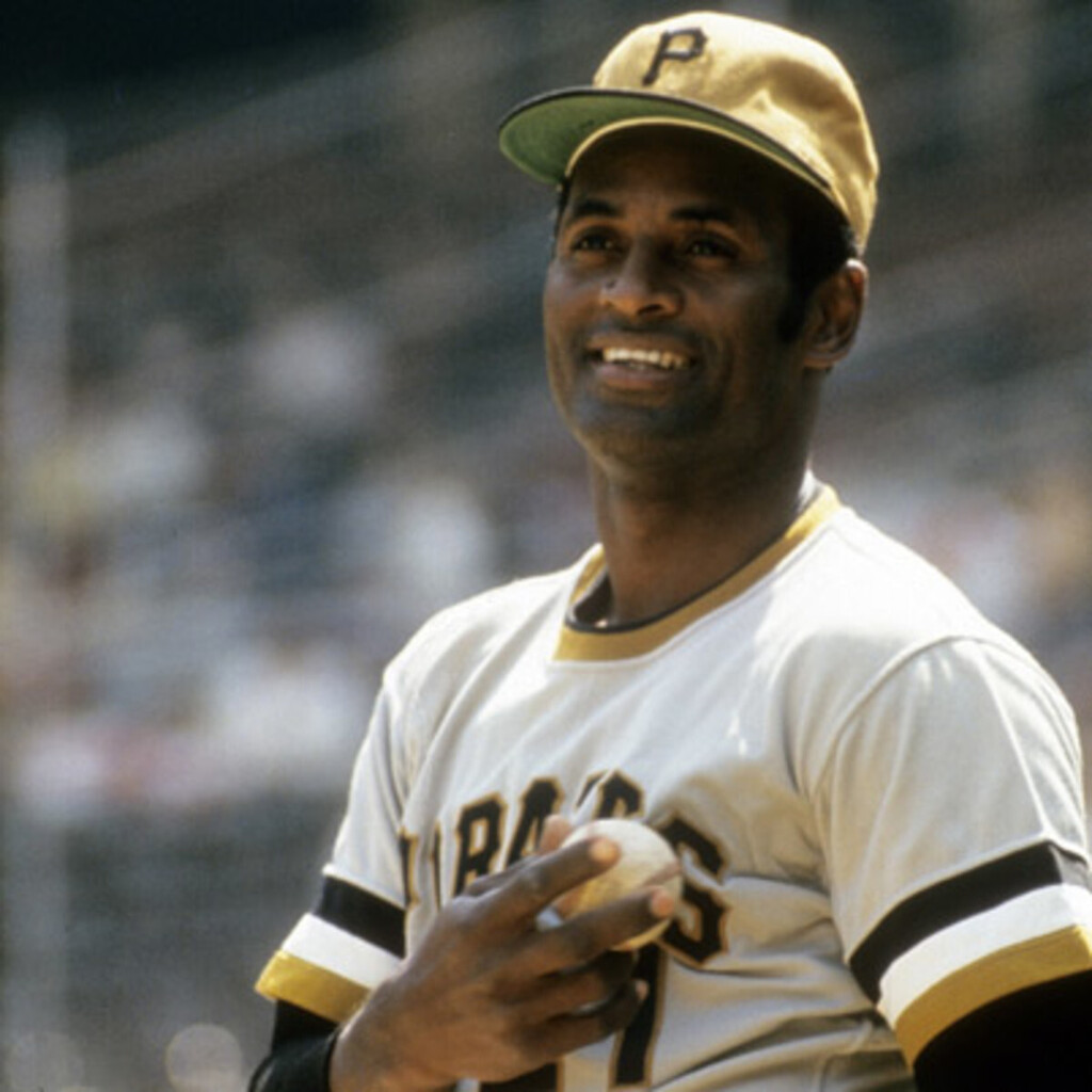 Portrait of Roberto Clemente wearing his baseball uniform, honoring the legendary Puerto Rican baseball player and humanitarian.