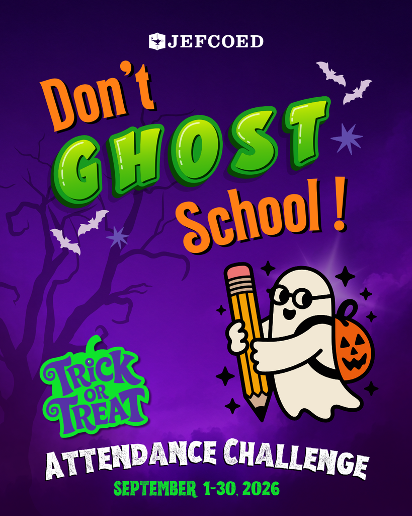 Graphic with a ghost wearing a backpack that says "Don't ghost school! Trick or Treat Attendance Challenge"