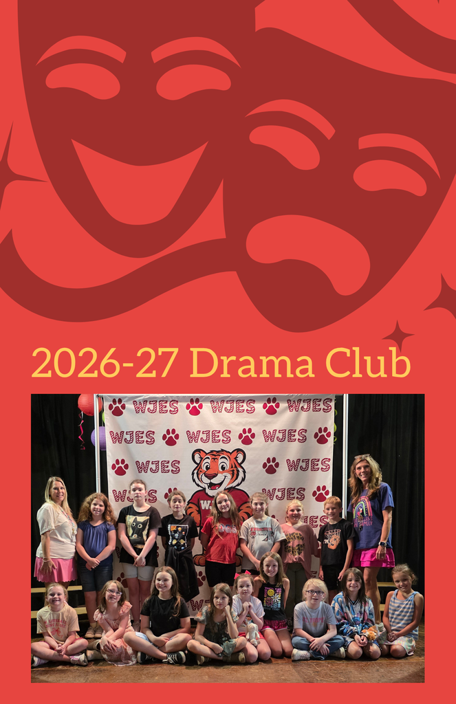 2026-27 Drama Club and a picture of kids and two teachers on a stage