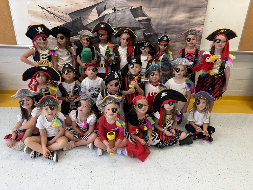 Class photo of students dressed up like pirates for Pirate Day
