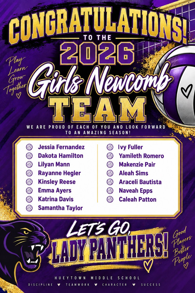 Congratulations to the 2026 HMS Girls Newcomb Team. Graphic lists the 15 students selected for the team.