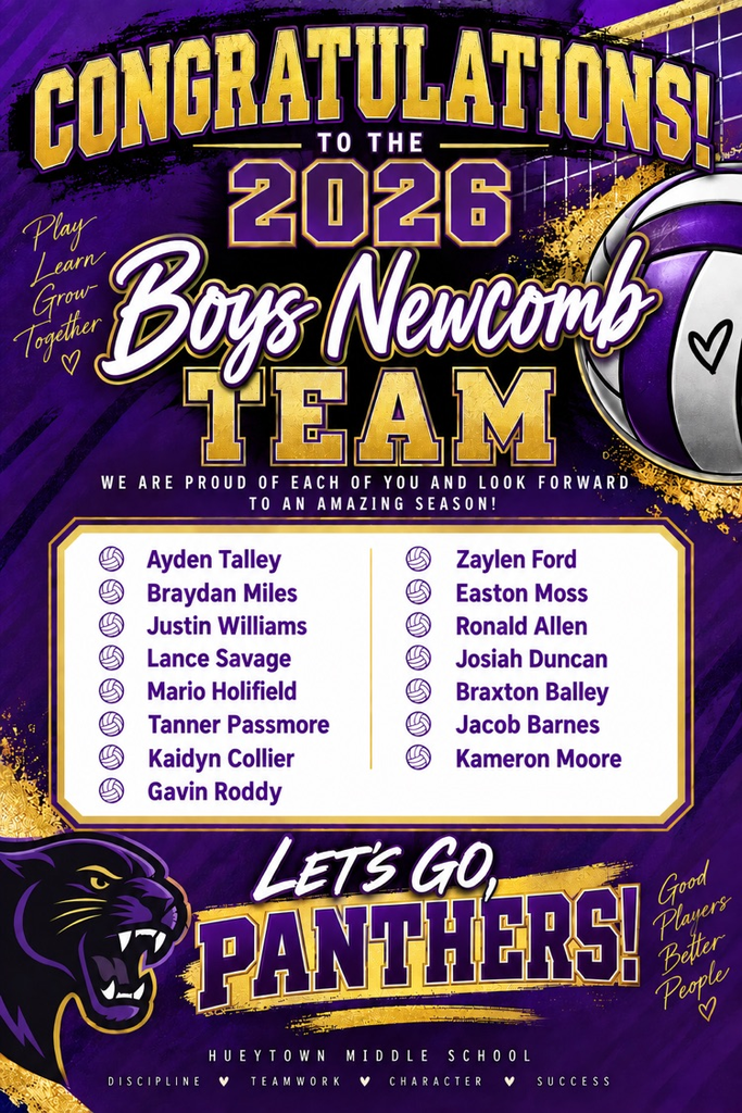Congratulations to the 2026 HMS Boys Newcomb Team. Graphic lists the 15 students selected for the team.