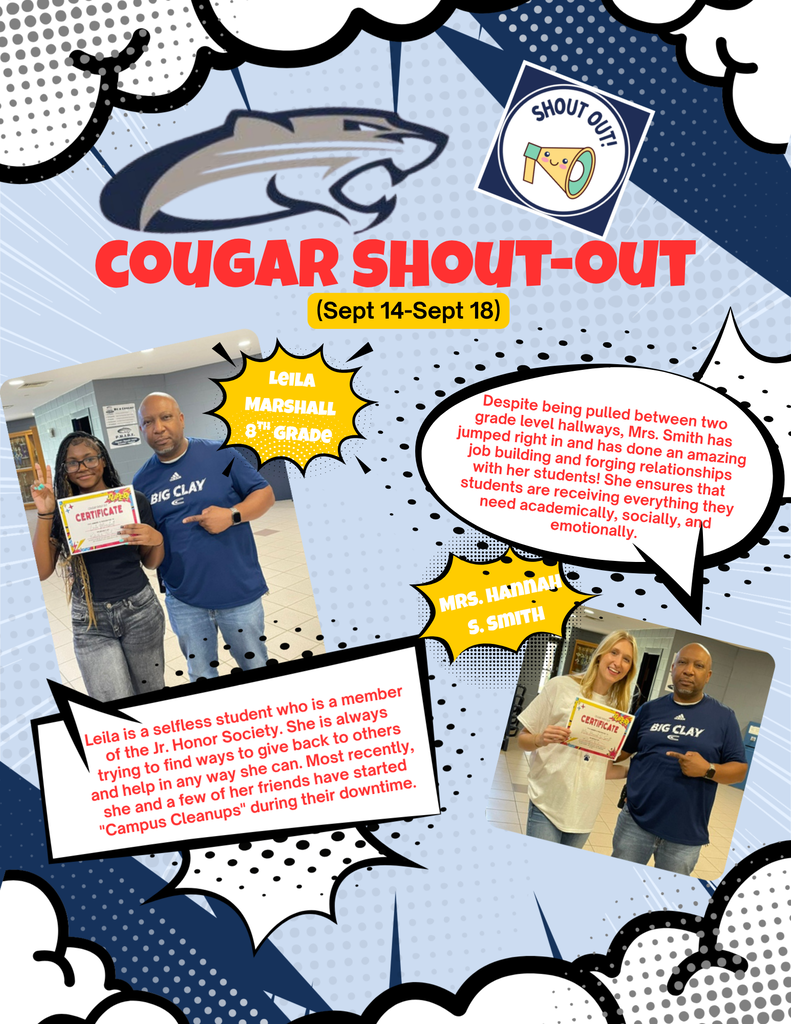 Cougar shout outs for a student Leila and a teacher, Hannah Smith, ELA teacher.