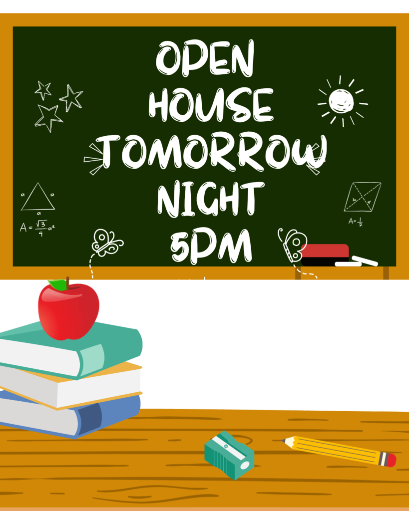 Open House Tomorrow Night 5pm on a chalk board with books below, an apple and a pencil
