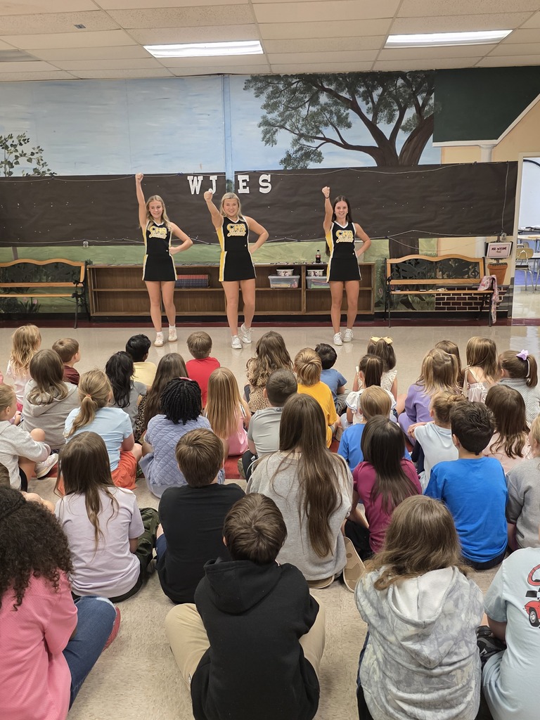 3 cheerleaders leading a cheer with students watching on