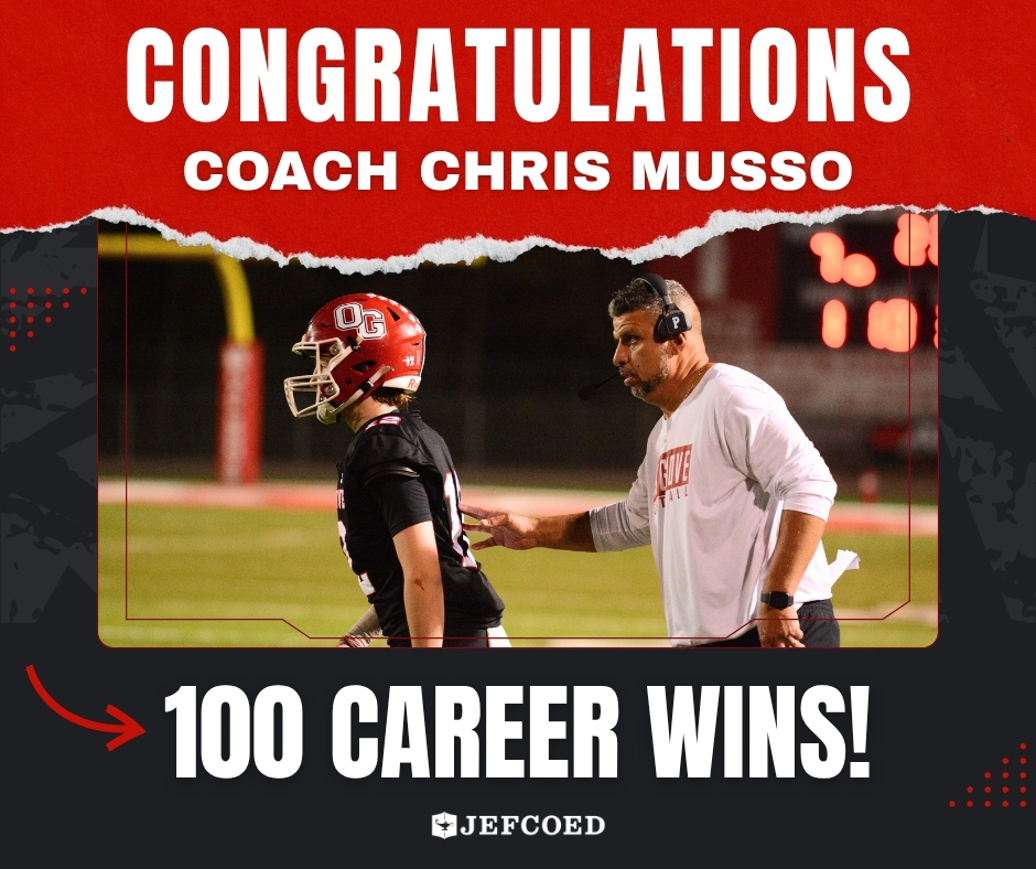 Graphic congratulates Oak Grove High School football coach Chris Musso on 100 career wins.
