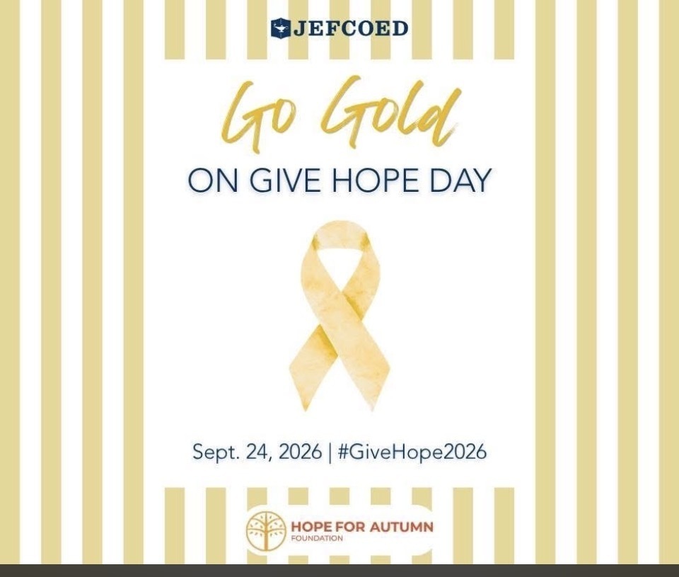 Yellow and white background with a yellow ribbon. Go Gold on give Hope Day Sept 24 2026