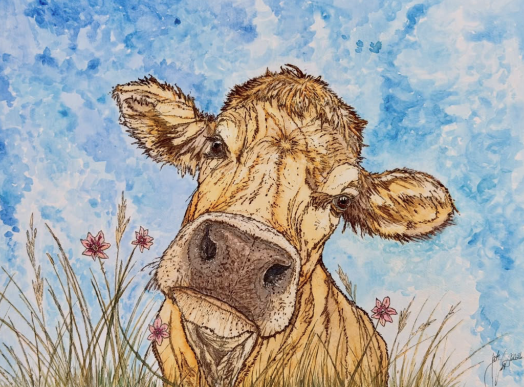 Art made by McCalla Elementary School art teacher Mr. Vest is of a cow standing in a pasture in front of a blue sky.