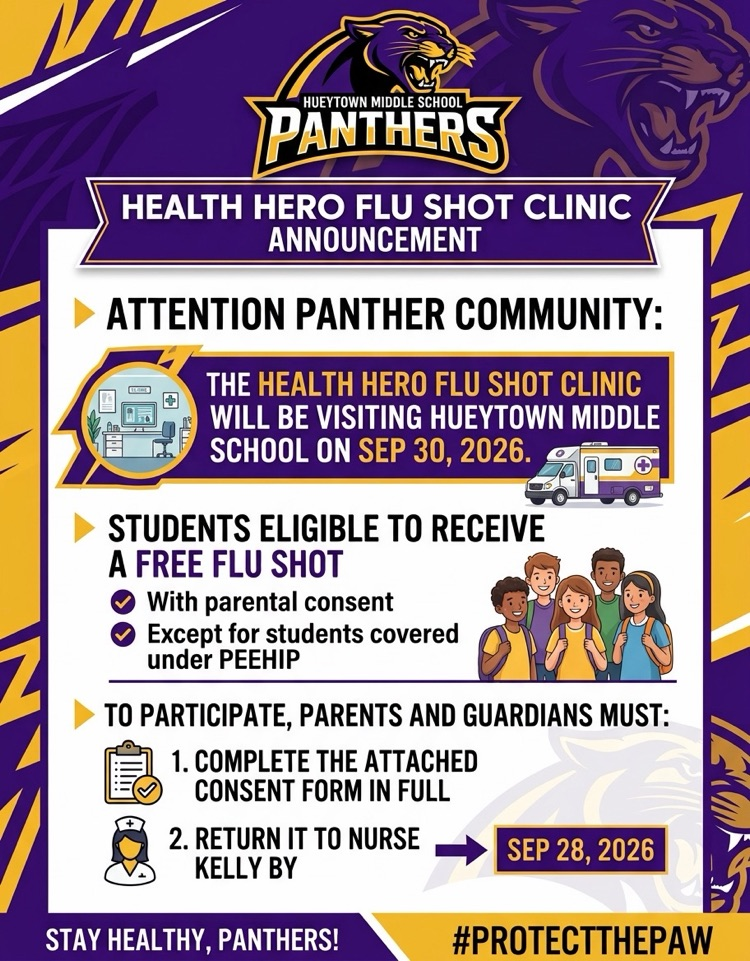 HMS Health Hero Flu Shot Clinic is Sept. 30. Consent forms are due to Nurse Kelly by Sept. 28.