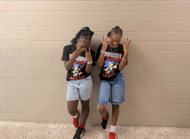 Two HMS students pose in matching black Sonic the Hedgehog shirts and denim shorts.