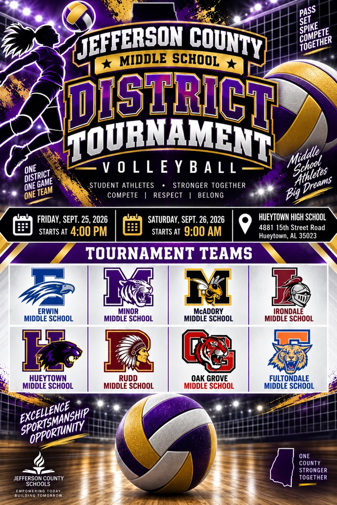 Jefferson County Middle School District Volleyball Tournament, Sept. 25–26 at Hueytown High School.