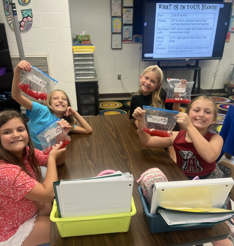 4th grade girls at their table posing with blood bags