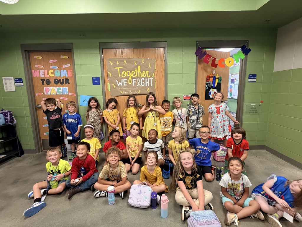 Students posing with class outside in the hallway showing their gold color clothing.