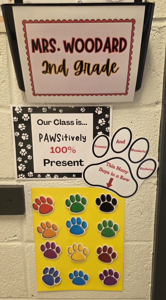 Picture of the outside wall of a classroom. Posters say "Mrs. Woodard, 2nd grade", "Our class is PAWSitively 100% Present" and 12 paw prints.