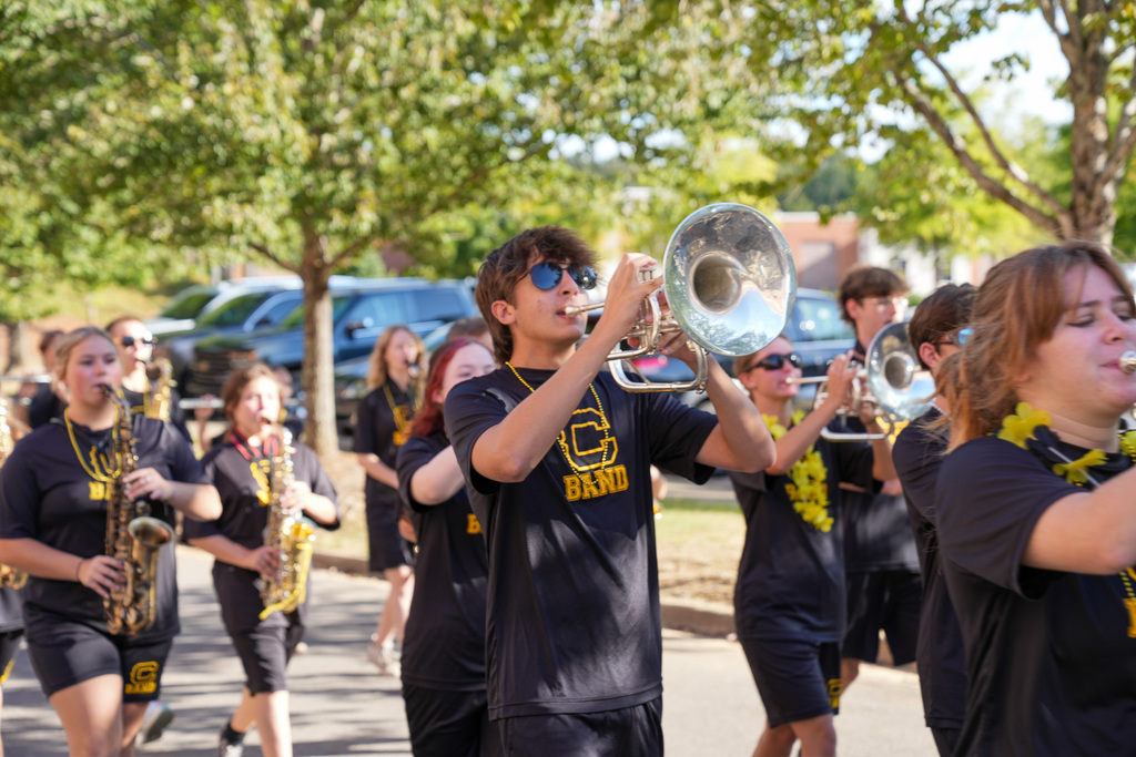 Band members play instruments outdoors.