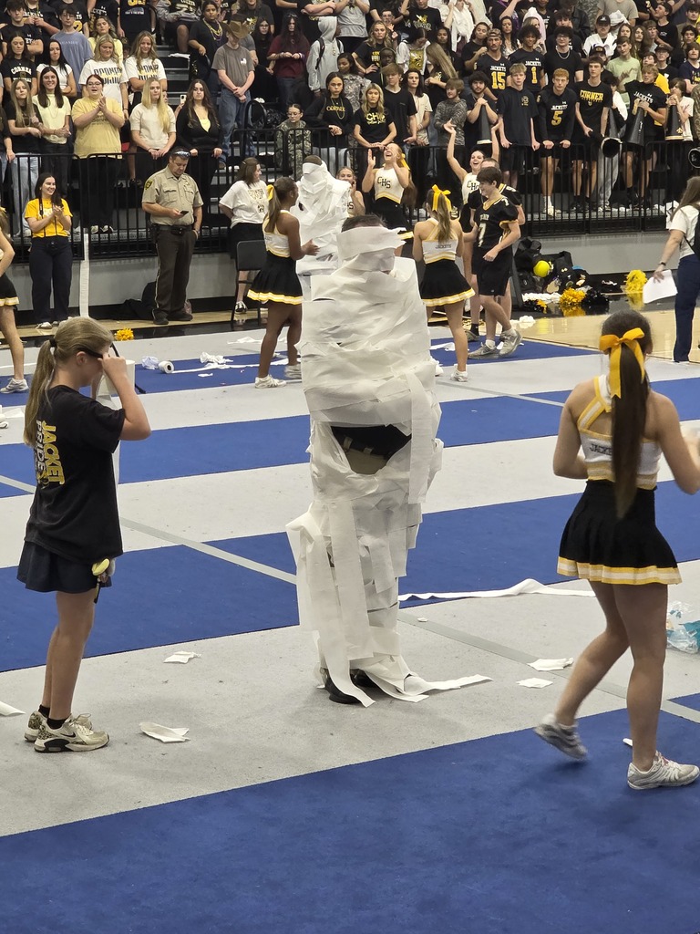 teacher rolled with toilet paper and 2 students standing near him