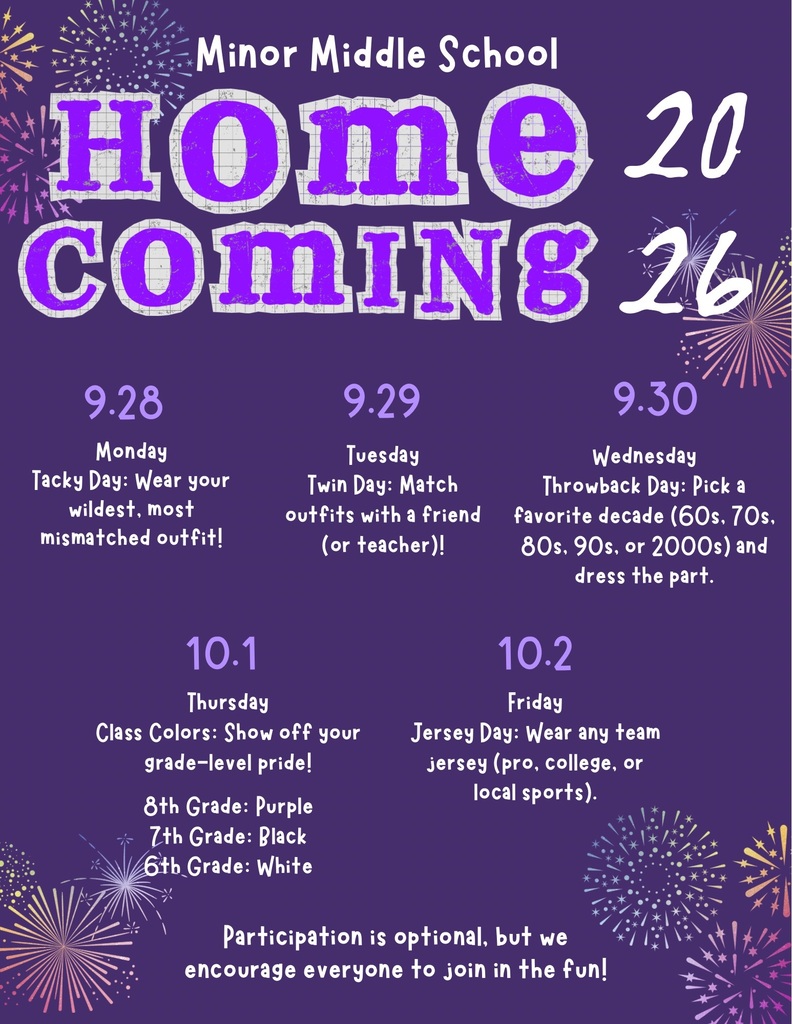 Homecoming 2026 is here. Join the fun and dress up based on the theme for that day!!