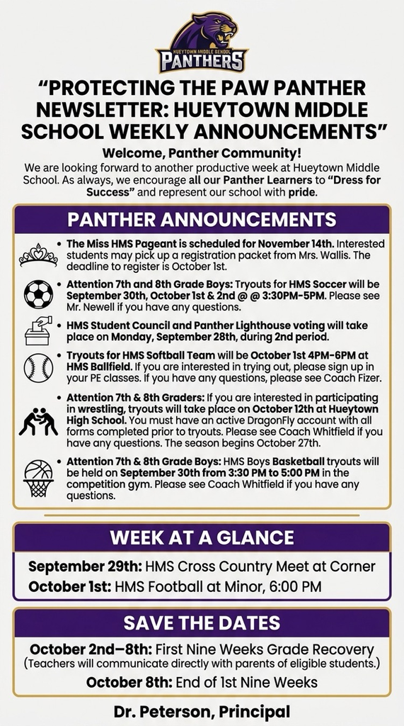 HMS weekly announcements and important dates for Sept. 28–Oct. 2.