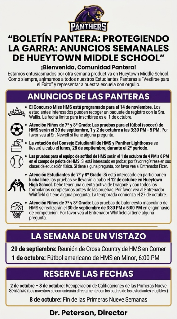Anuncios semanales y fechas importantes de HMS del 28 de septiembre al 2 de octubre.