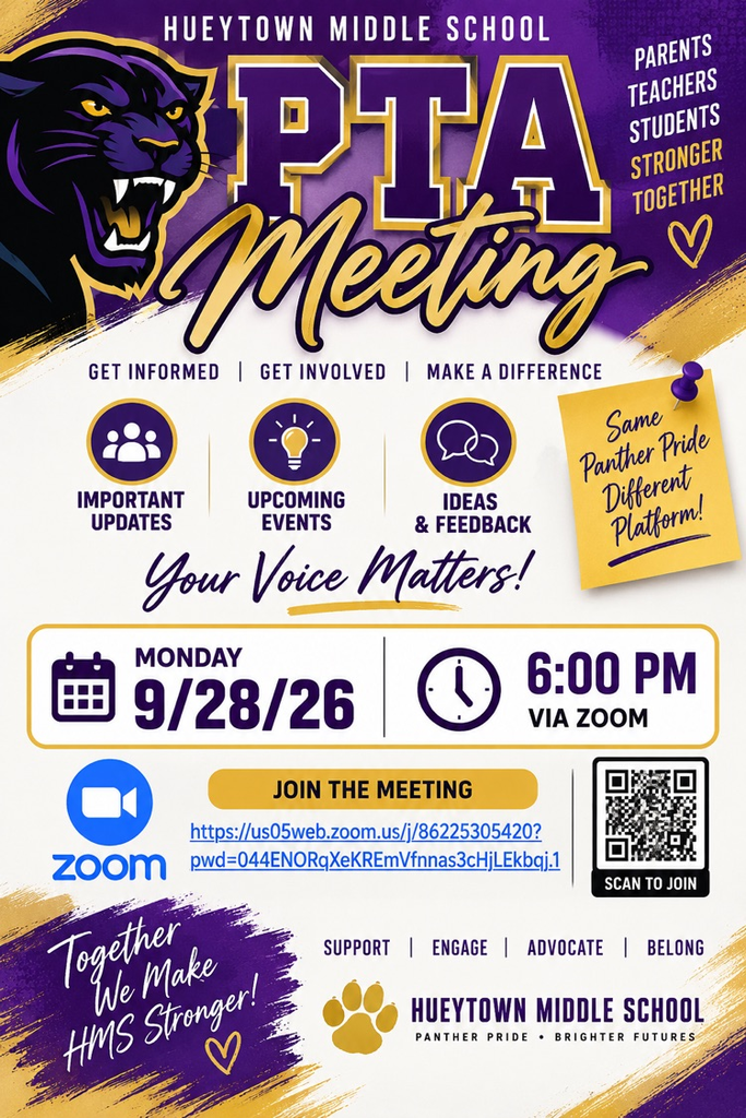HMS PTA meeting Monday, Sept. 28, at 6:00 PM via Zoom.