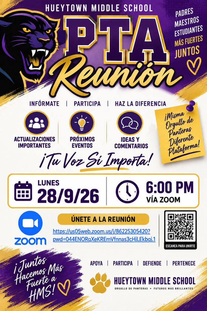 Reunión de PTA de HMS el lunes 28 de septiembre a las 6:00 PM por Zoom.
