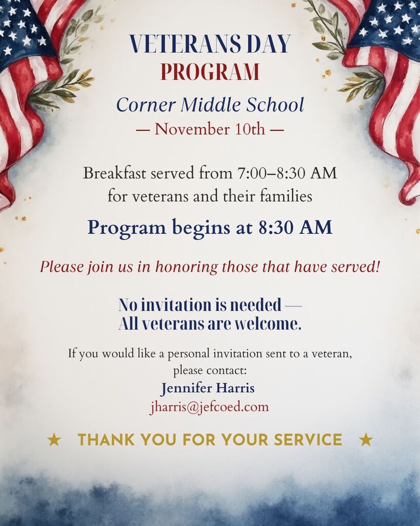 veteran's day program flyer in red white and blue with stars