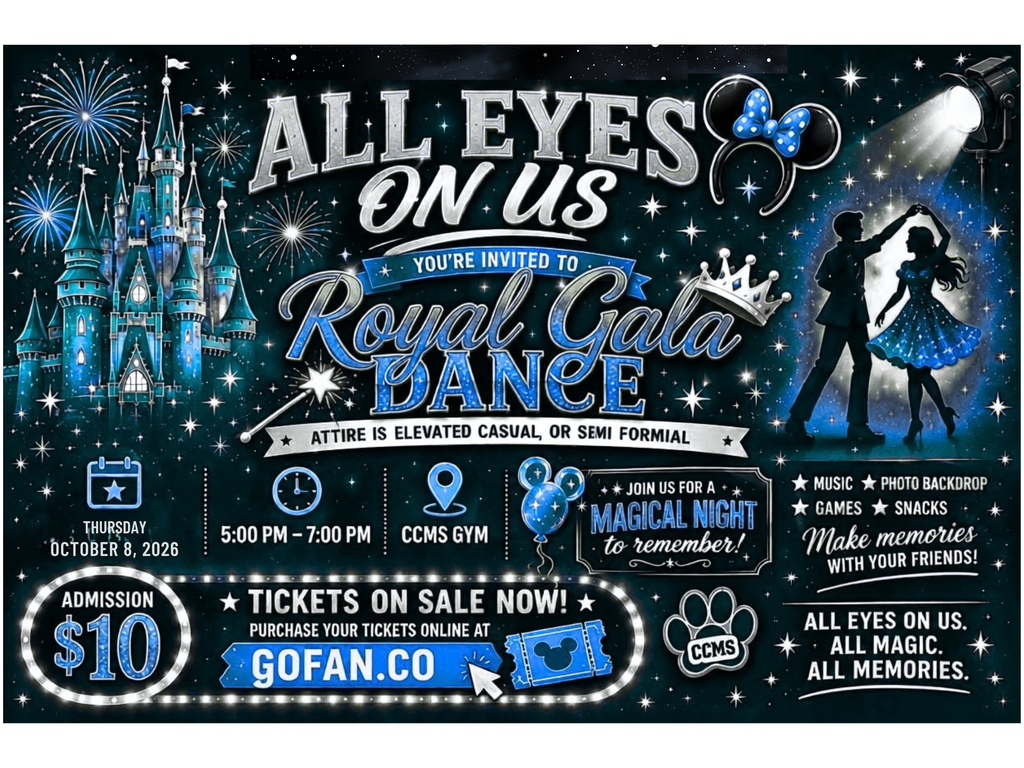 Blue and silver castle. Banner that says All Eyes On Us Royal Gala Dance. Tickets on sale for $10 on gofan.co.