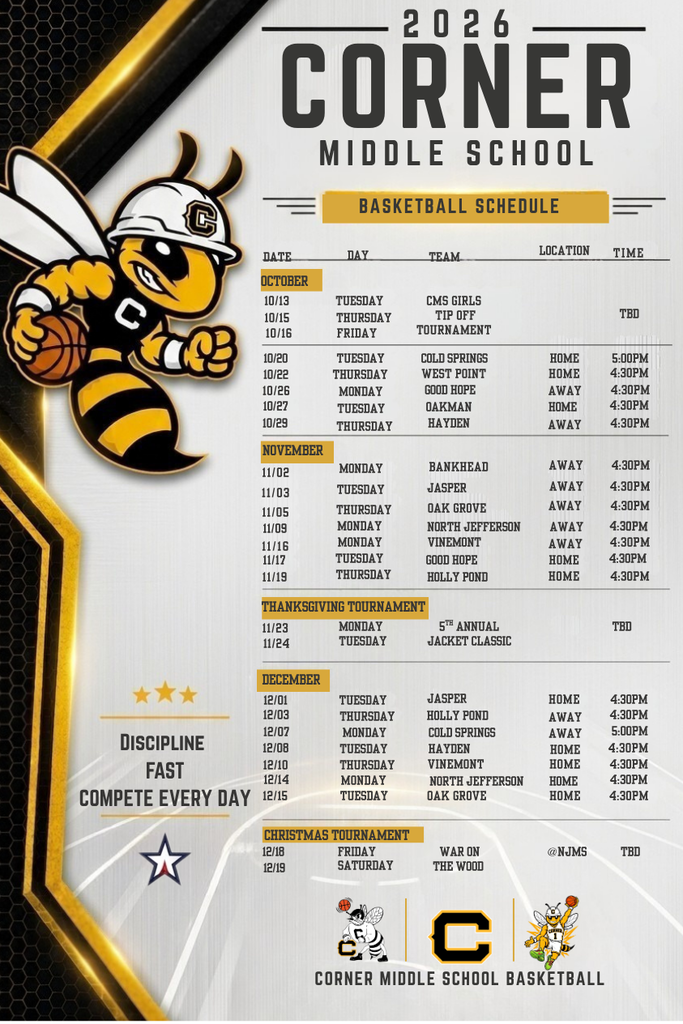 black, white, and yellow basketball schedule with a yellow jacket holding a basketball