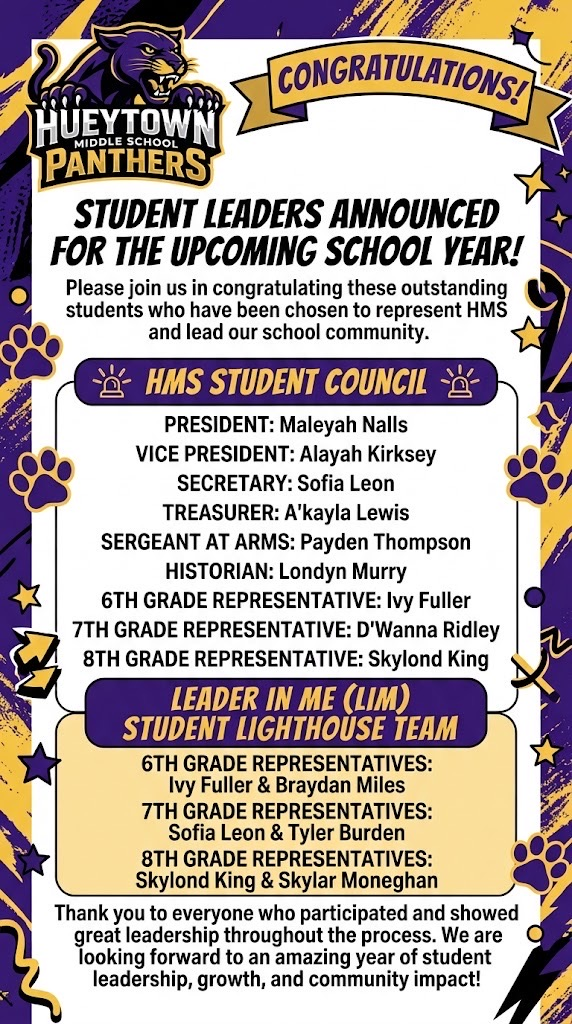 HMS announces its 2026–27 Student Council and Leader in Me Student Lighthouse Team members.