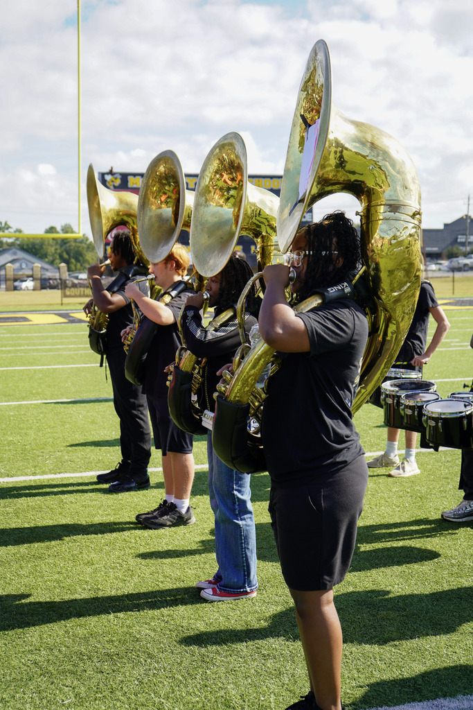 Tuba players perform on a football field.