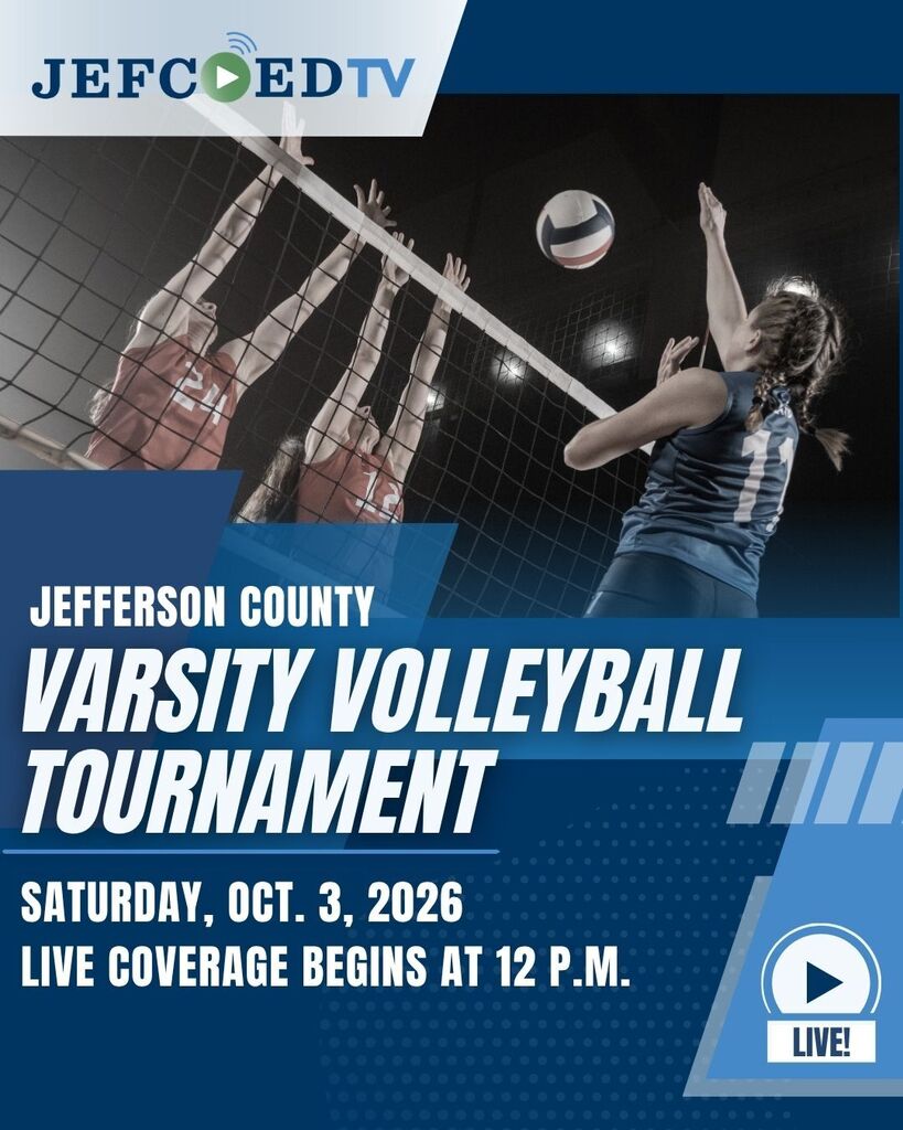 Graphic announces JEFCOED TV's live coverage of the Jefferson County Volleyball tournament on Oct. 3, 2026. Coverage begins at 12 p.m.