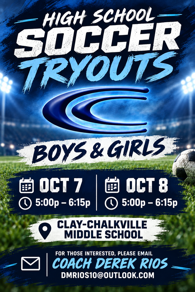 Soccer field with lights. "Soccer tryouts on Oct 7 and Oct 8 from 5-615pm. Contact Coach Derek Rios dmrios10@outlook.com. Tryouts are at clay-chalkville Middle School.