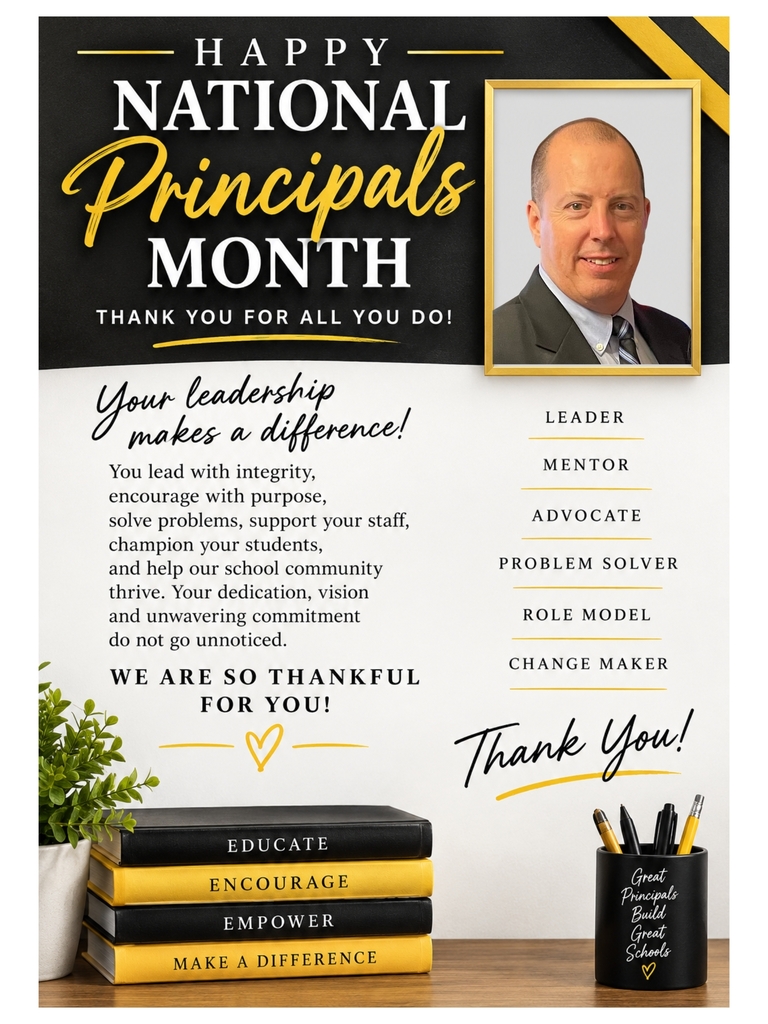 Black white and yellow graphic with books and a photo of the principal