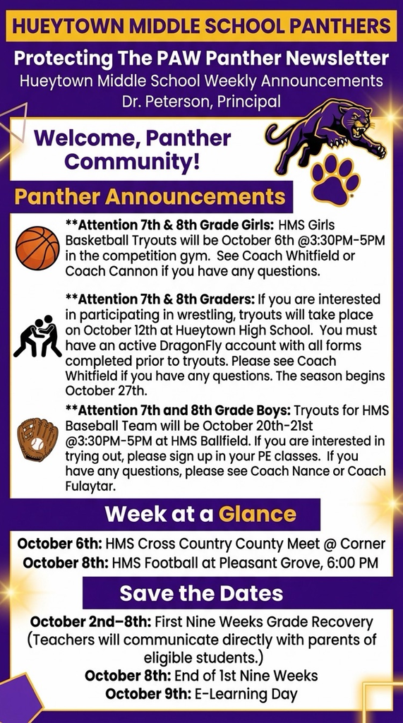 HMS weekly announcements for October 5–9, including athletics, grade recovery, and E-Learning Day.