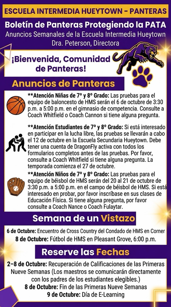 Anuncios semanales de HMS del 5 al 9 de octubre, con deportes, recuperación de notas y E-Learning.