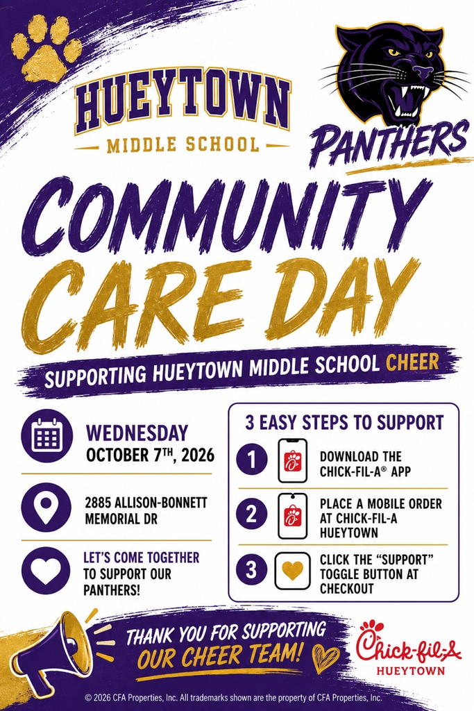 HMS Cheer Community Care Day is October 7 at Chick-fil-A Hueytown. Order in the app and select “Support.”
