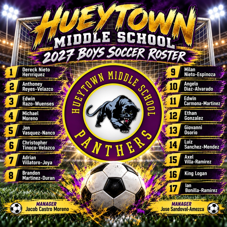 Hueytown Middle School 2027 Boys Soccer roster featuring 17 players and two team managers.